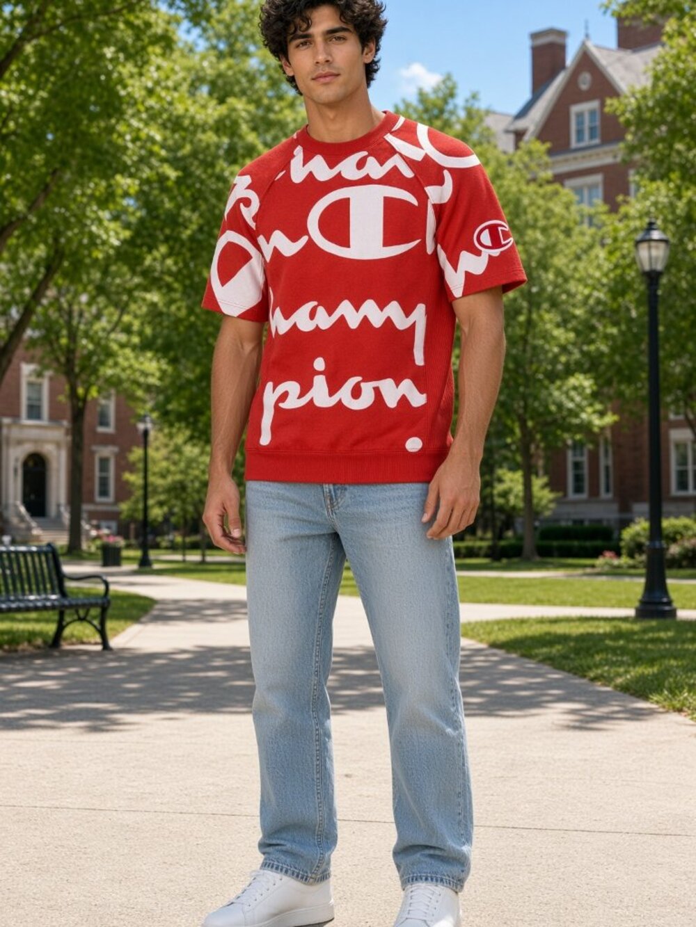 Champion Men Red Short-Sleeve Reverse Weave Crew Oversized C Script AOP US XS